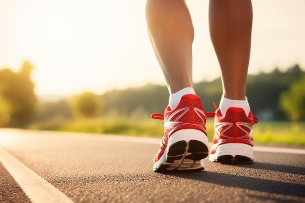 Runner feet running on road closeup on shoe