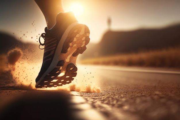 Runner feet running on road at sunset Sport and healthy lifestyle concept Generative AI