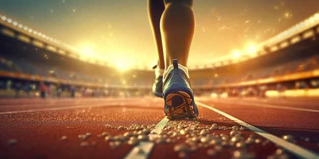 Ноги бегуна бегут по стадиону крупным планом на ногах спортивный фон пространство для копирования AI Generative