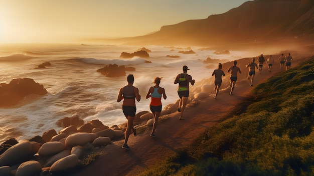 runner group running on sunrise seaside trail Generative AI