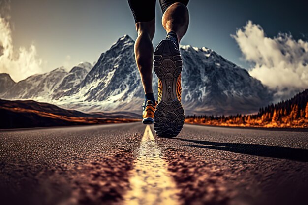 Runner is running on asphalt road with beautiful mountain background