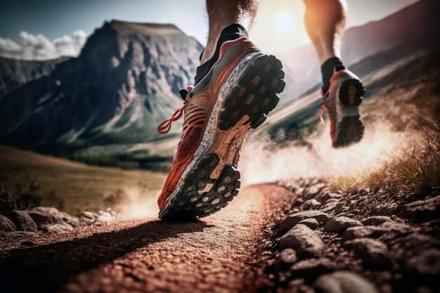 A runner is running on a dirt road with mountains in the background.