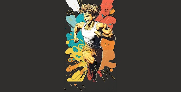 A runner is running in front of a colorful background.