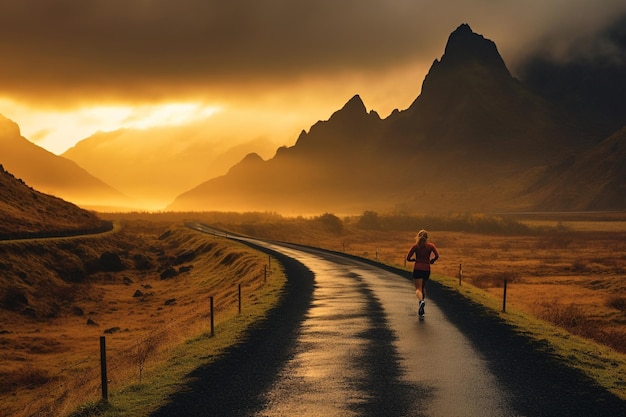 Runner joggen op de weg bij zonsondergang