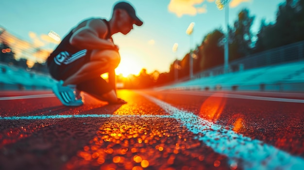 Runner at Starting Line During Sunset on Track