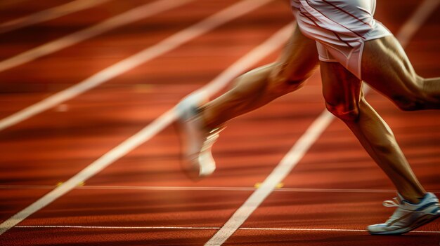 Runner on a track The runner is wearing white shoes and white shorts The runner is running in the middle of the track