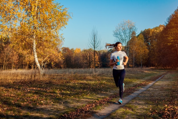 秋の公園でランナーのトレーニングと運動。日没で走っている女性。アクティブで健康的なライフスタイル