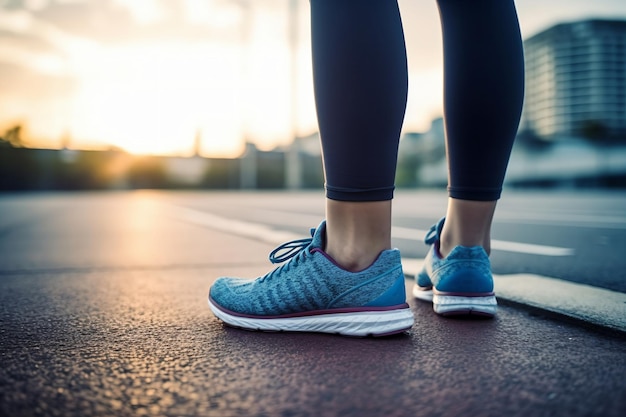 Runner voeten lopen op de weg close-up op schoen vrouw fitness zonsopgang jog workout welness concept