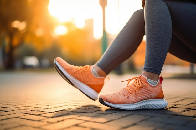 Runner voeten lopen op de weg close-up op schoen vrouw fitness zonsopgang jog workout welness concept