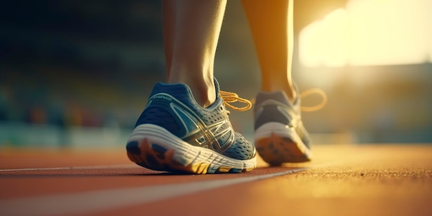 Runner voeten lopen op een stadion close-up op voeten sport achtergrond ruimte voor kopie AI Generative