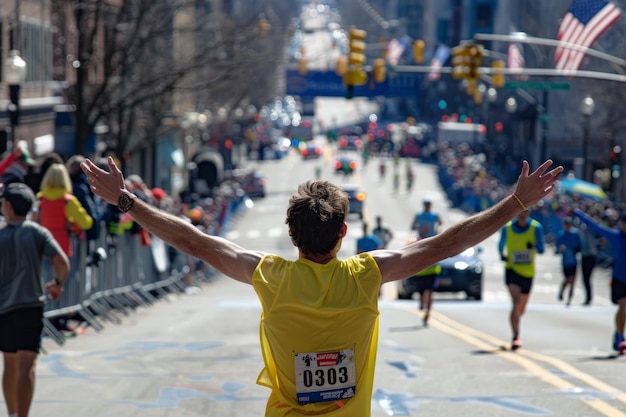 Photo a runner with arms spread wide celebrates nearing the boston marathons finish