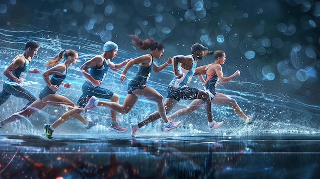 写真 ランナーがレースを走っている すべてのランナーは最速で走っている レースは雨でれています ランナーはすべて勝利に集中しています