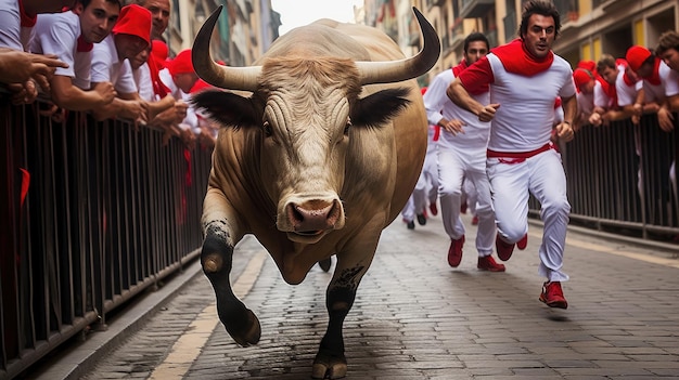 Photo runners in encierro running of bulls in pamplona spain bull running in pamplona traditional san fermin festival where participants run ahead of charging bulls through the streets to bullring