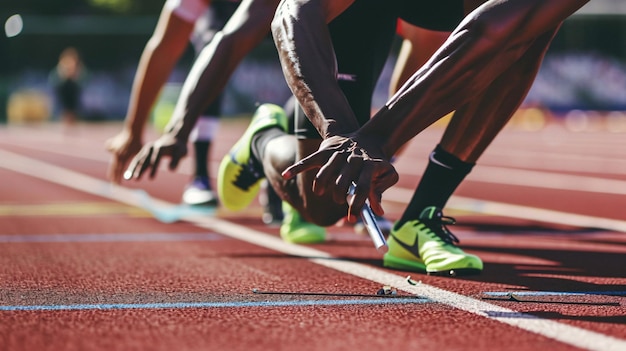 Runners exchanging batons during relay race