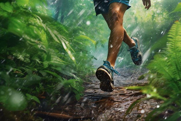 Runners feet hitting a forest path