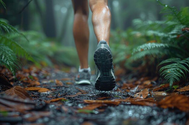 Foto le gambe e i piedi di un corridore si sfocano mentre attraversano una fitta foresta verde