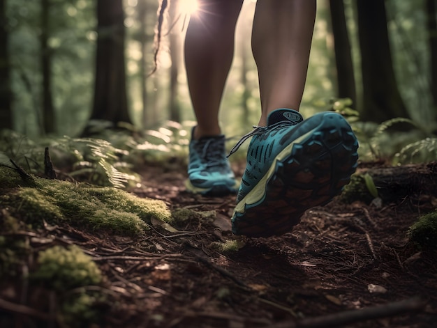 Runners Legs on Forest Trail Fitness and Vitality Concept Ai generated