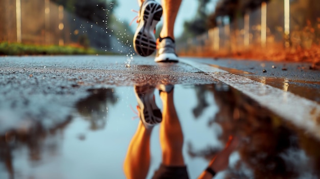 Runners legs in motion splashing water on wet pavement reflecting early morning light