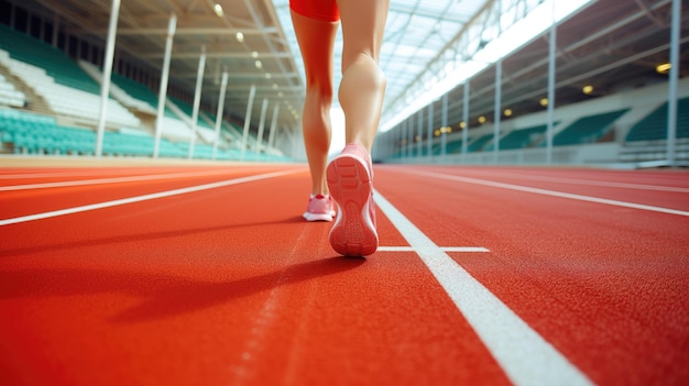 Runners legs on a red track perspective view