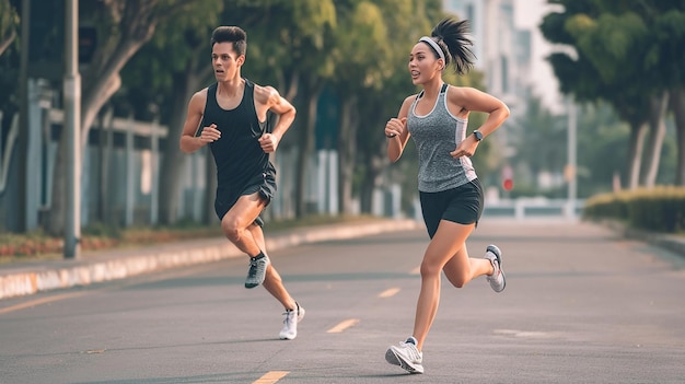 Runners man and woman in the street run or training