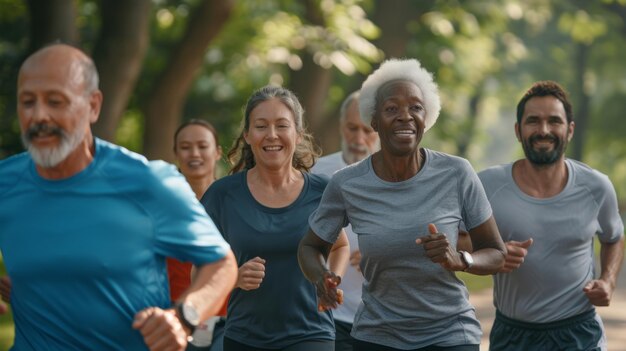 Photo runners in park with mixed ethnicities mixed race couples running together mature friends running outdoors