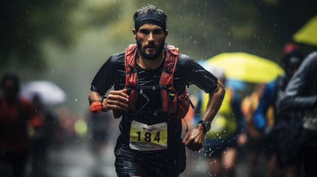 Photo runners in a rainy race in the rain