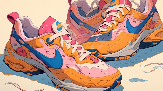 Runners shoes pop art placed on a lively race track