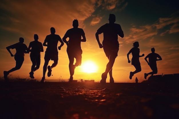 Runners silhouettes training at sunset Sport activities outdoors Generative AI