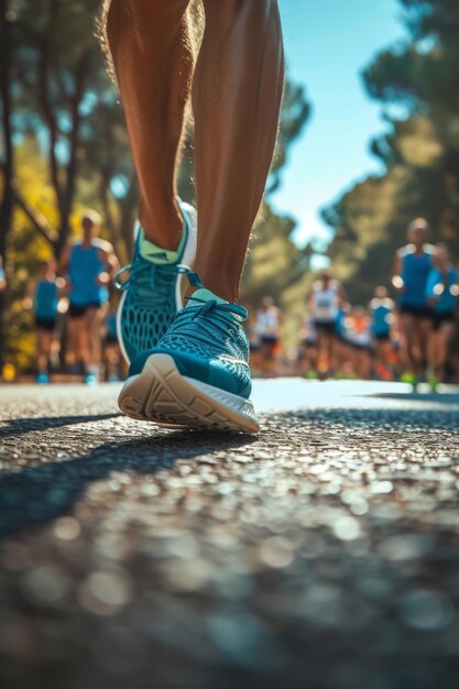 Runners in sneakers run along the road