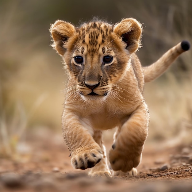 Running baby leeuw fotografie close-up