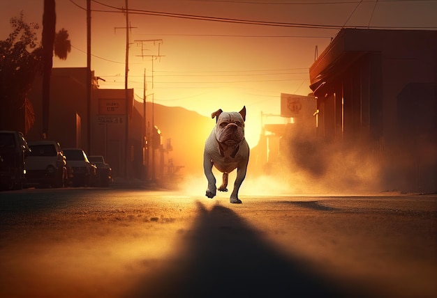 Бегущий бульдог по пыльной улице на красивом солнце иллюстрация AI генеративный