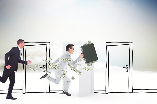 Photo running businessman against doodle doors in clouds