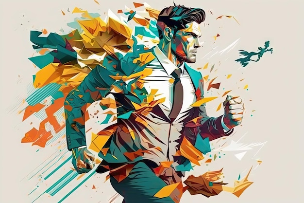 Running Businessman Drawing Way to Success Escaping Busy Business Man Run Abstract Generative AI Illustration