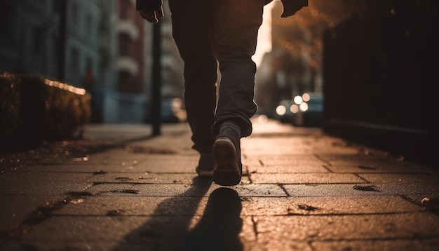 Running businessman in sports shoes at dusk generated by AI