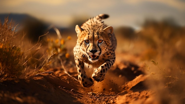A running cheetah in savanna blur background