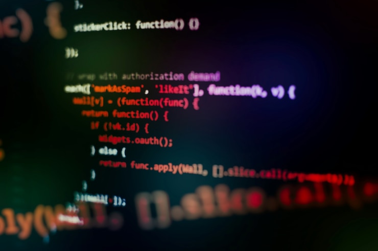 Photo running computer data / www programming. coding script text on screen. notebook closeup photo.