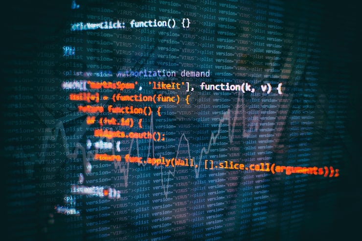 Photo running computer data / www programming. coding script text on screen. notebook closeup photo.