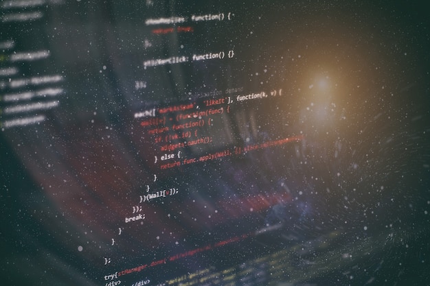 running computer data / www programming. coding script text on screen. notebook closeup photo.