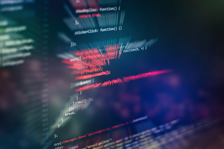 Photo running computer data / www programming. coding script text on screen. notebook closeup photo.