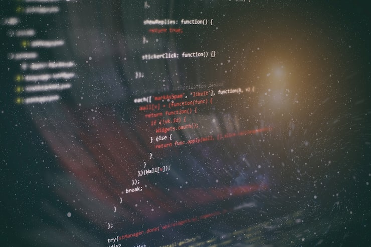 Photo running computer data / www programming. coding script text on screen. notebook closeup photo.