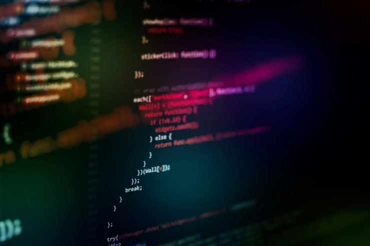 Photo running computer data / www programming. coding script text on screen. notebook closeup photo.