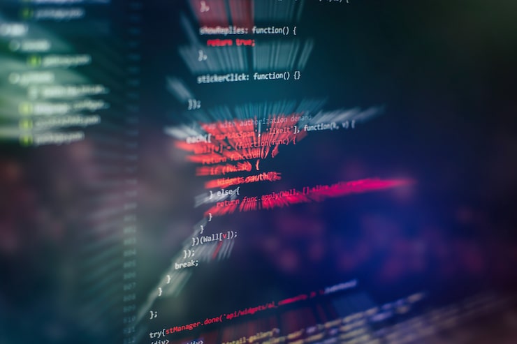 Photo running computer data / www programming. coding script text on screen. notebook closeup photo.
