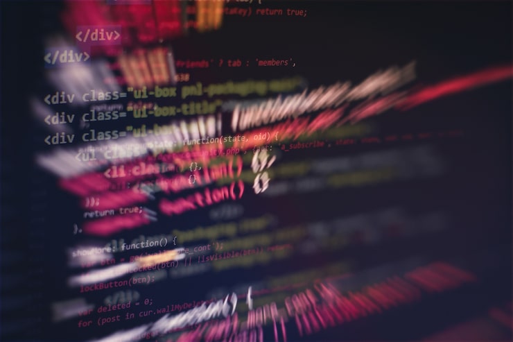 Photo running computer data / www programming. coding script text on screen. notebook closeup photo.