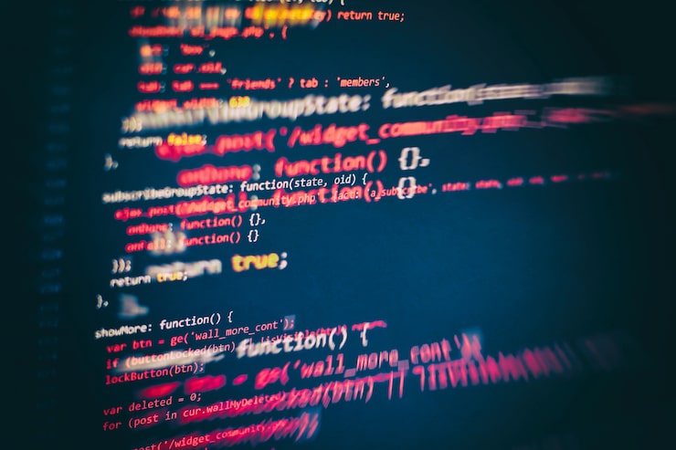 Photo running computer data / www programming. coding script text on screen. notebook closeup photo.