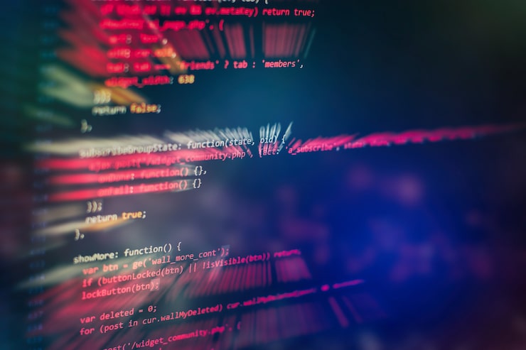 Photo running computer data / www programming. coding script text on screen. notebook closeup photo.
