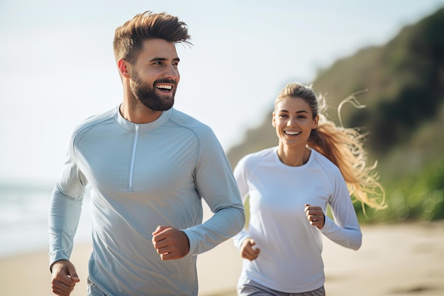 Running couple jogging on a BeachHealthy lifestyle people runners training outside on the coast