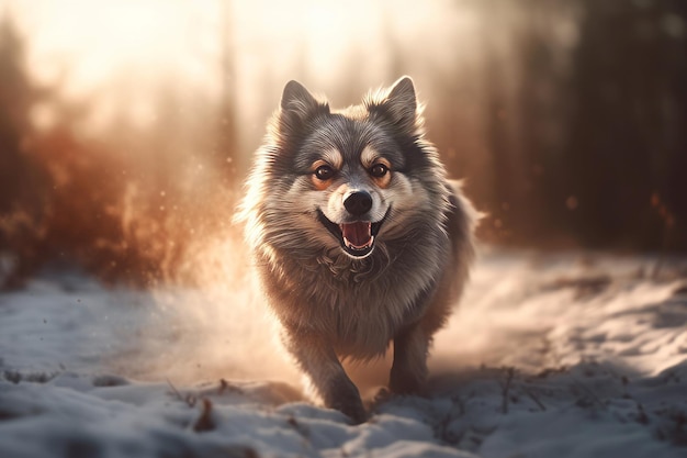 冬の雪で走るおもしろい犬 遊び心のある子犬が外でスプリントする