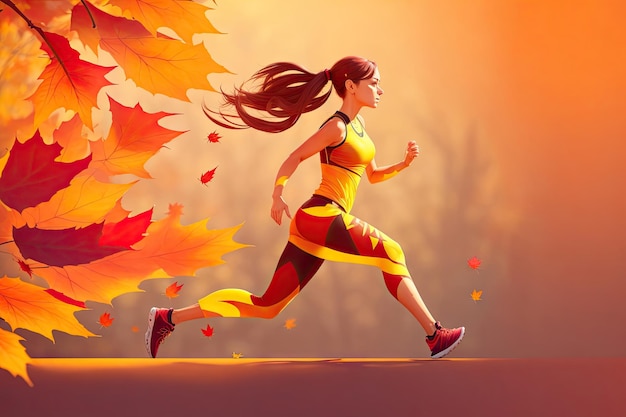 Running girl against the background of flying leaves ai generative