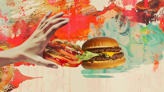 Photo the running hand with the burger an art collage