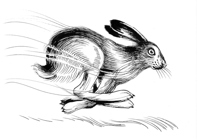 Photo running hare. ink black and white drawing